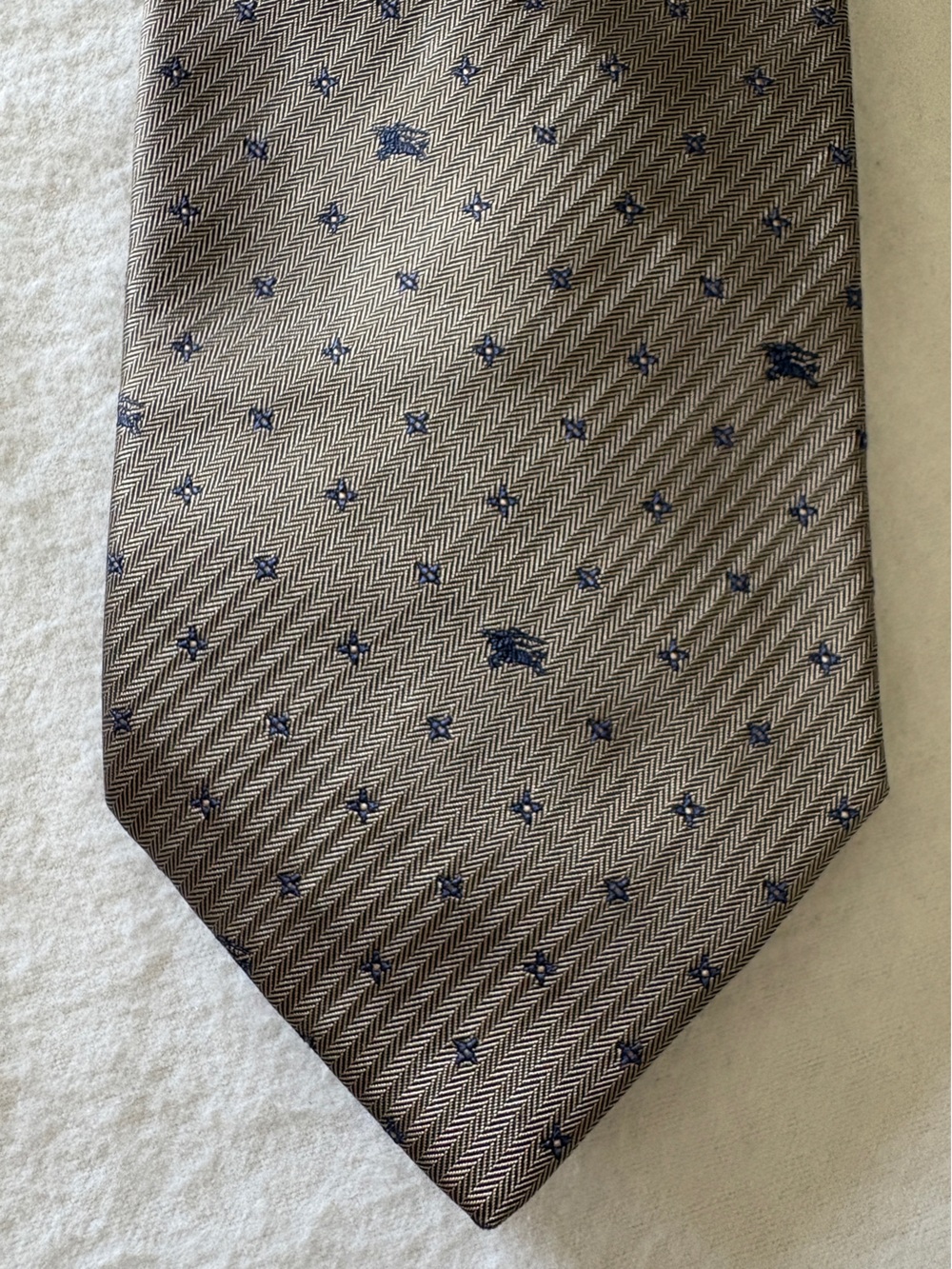 Vintage BURBERRYS Silk Tie Taupe Herringbone Monogram Knight Pattern Italy EUC